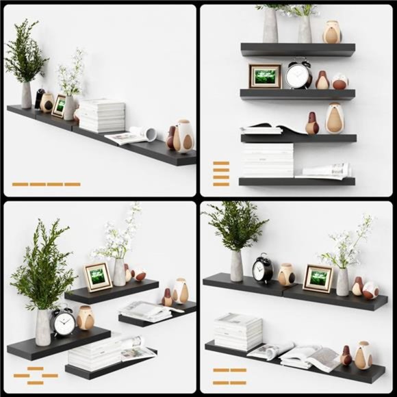 4 Sets Black Floating Shelves with Invisible Brackets,Modern Shelf for Bedroom - Picture 4 of 16
